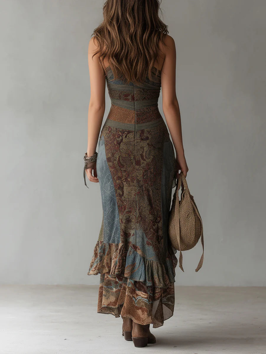 Elena | Vestido Largo Monohombro con Estampado Étnico y Abertura Alta