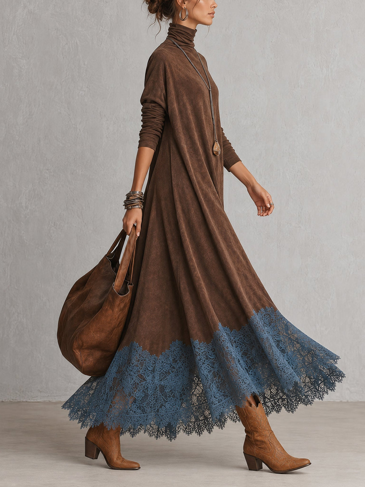 ISABEL | Vestido largo efecto ante con bajo de encaje