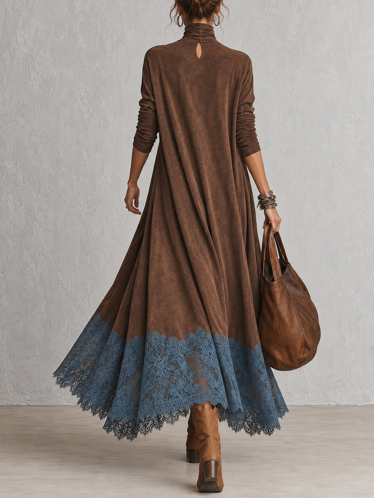 ISABEL | Vestido largo efecto ante con bajo de encaje