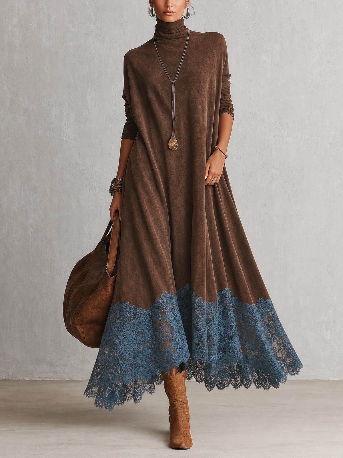 ISABEL | Vestido largo efecto ante con bajo de encaje