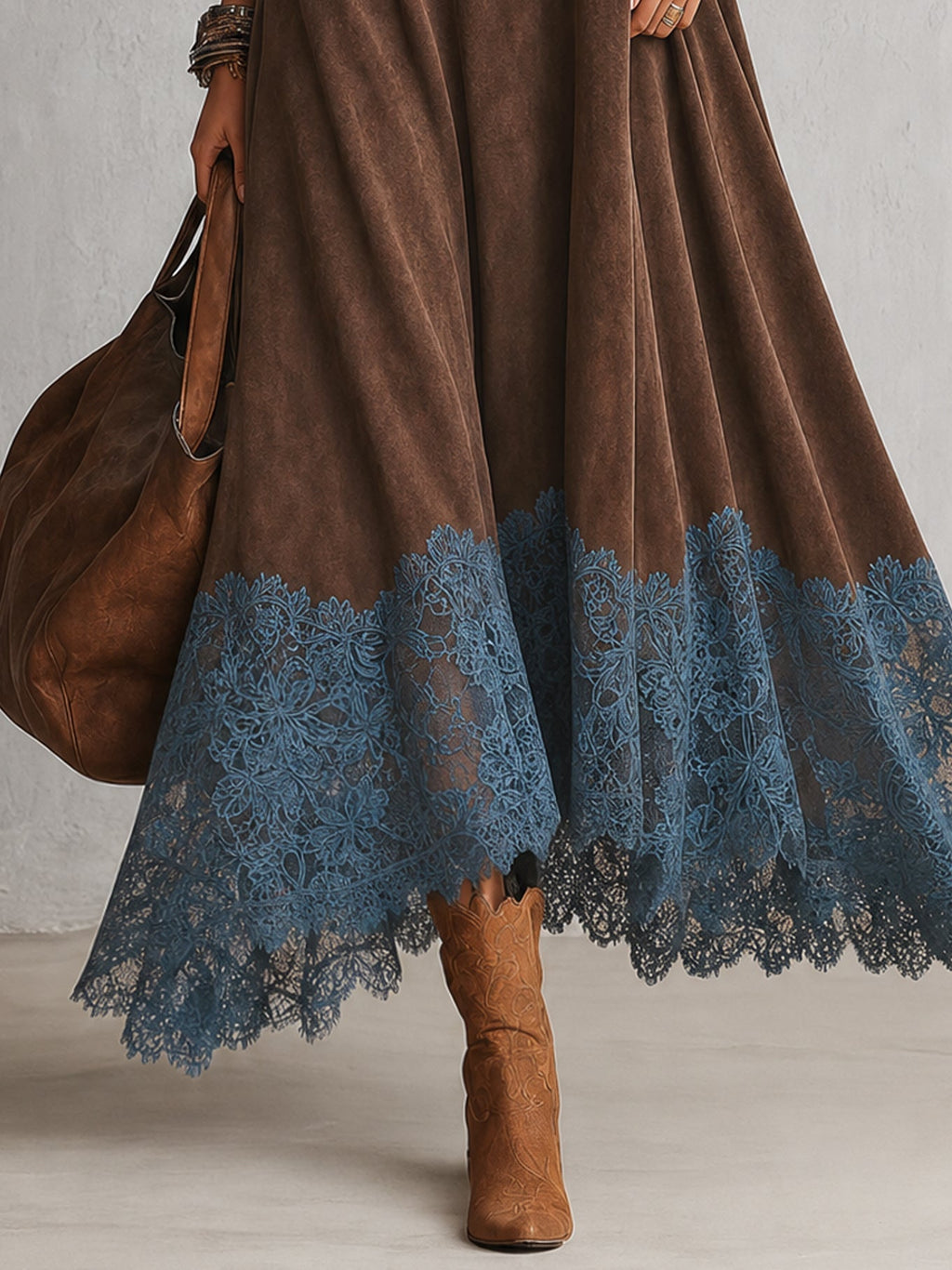 ISABEL | Vestido largo efecto ante con bajo de encaje