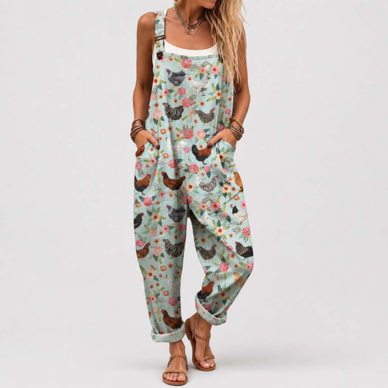 Mono Suave Floral con Estampado de Gallinas y Bolsillos