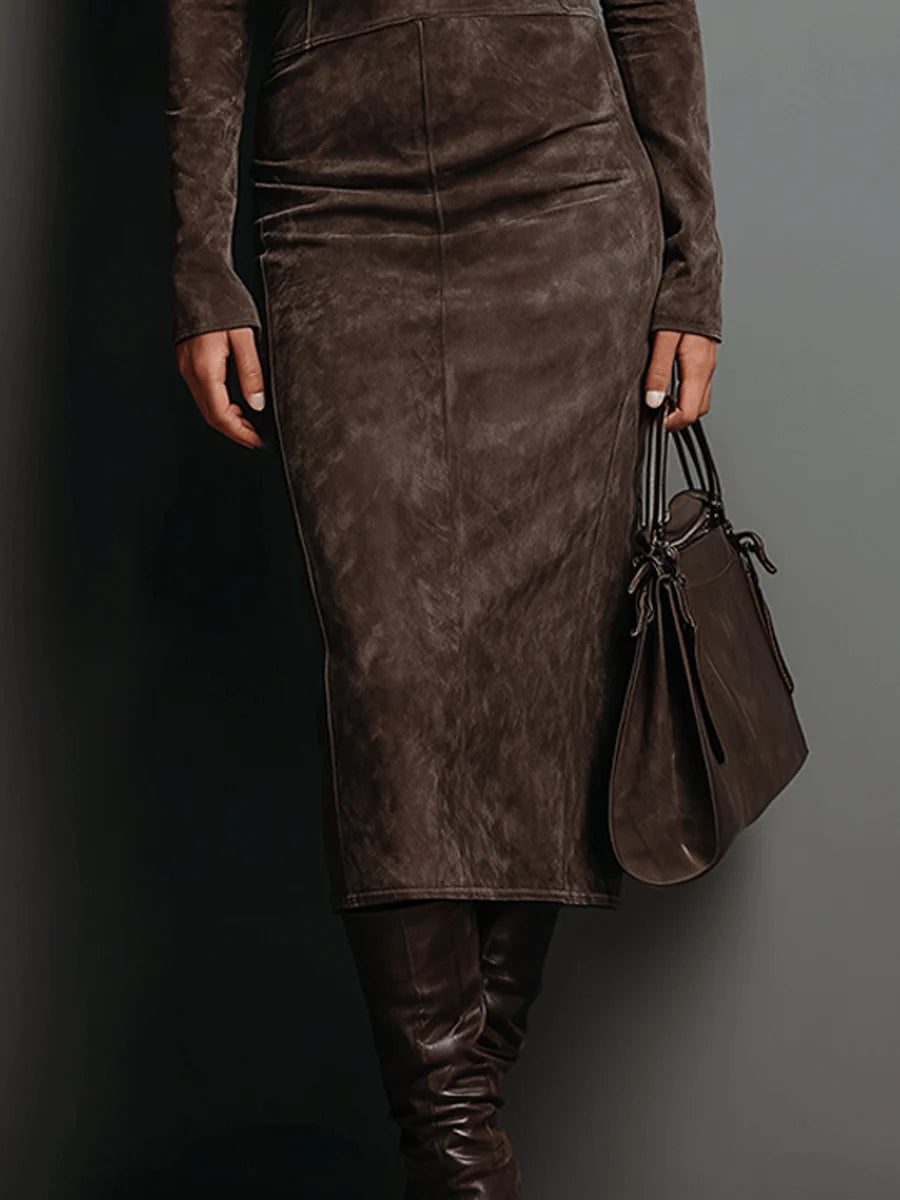 Lorène | Vestido midi marrón de efecto ante