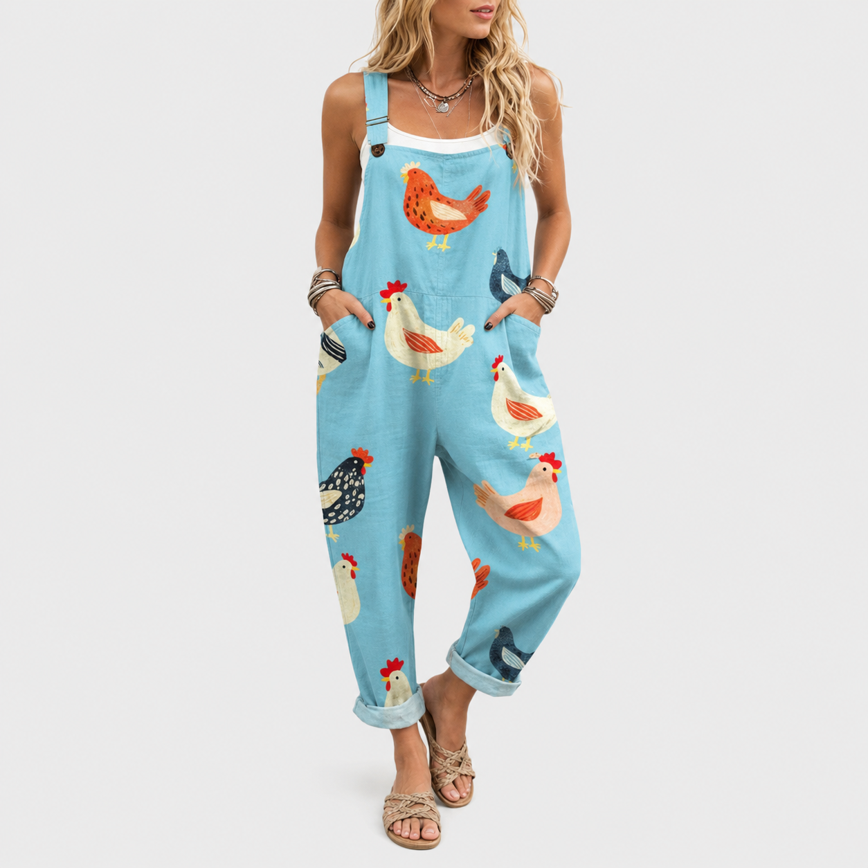 Mono Casual Azul con Estampado Gallinas