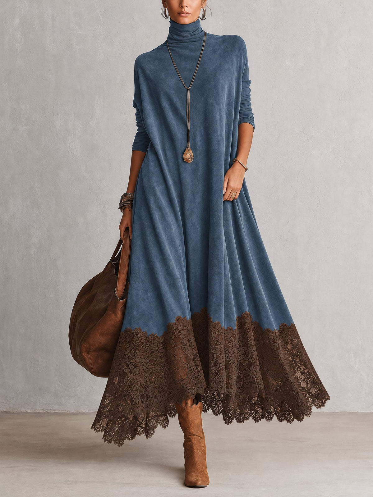 ISABEL | Vestido largo efecto ante con bajo de encaje