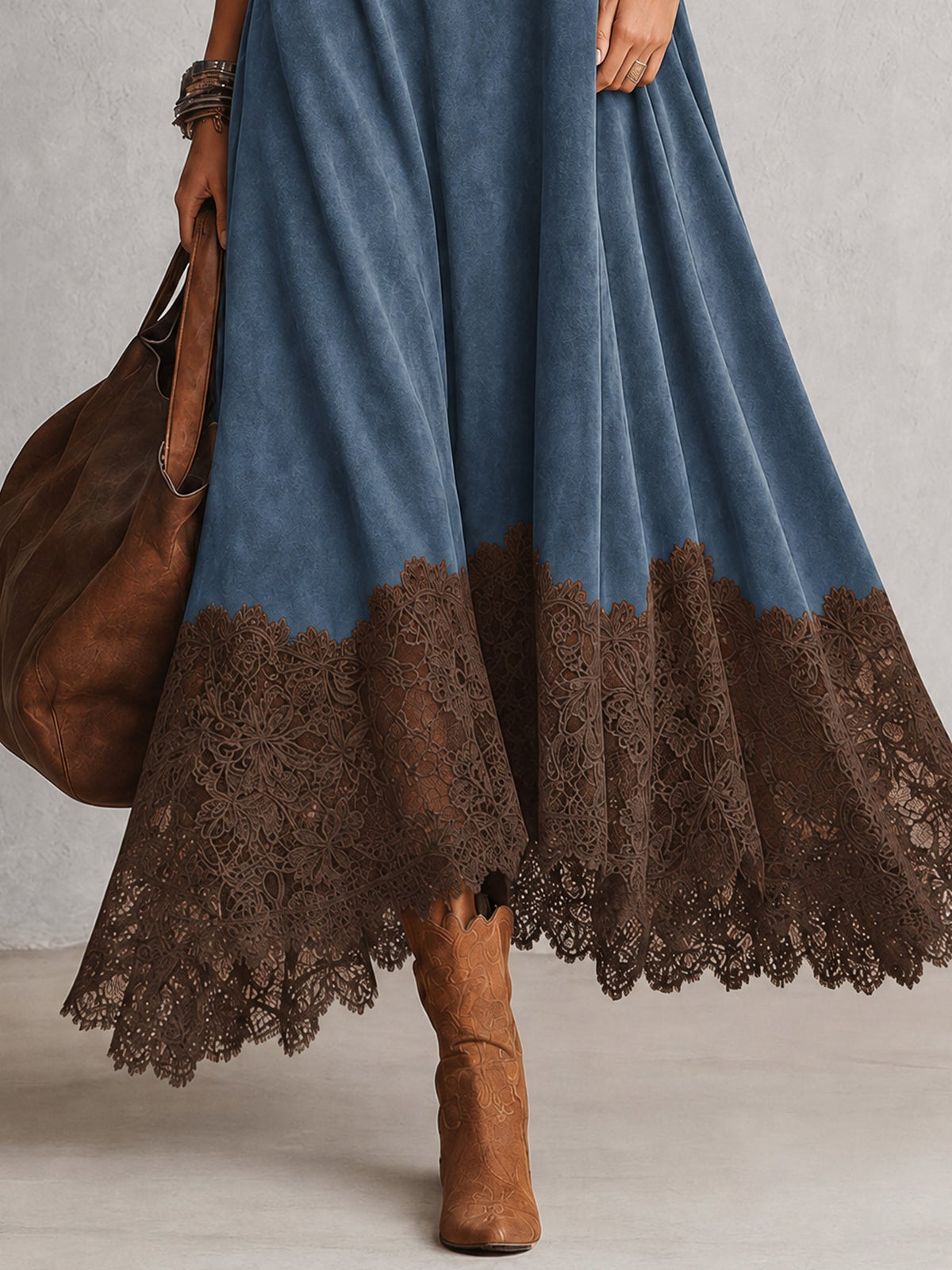 ISABEL | Vestido largo efecto ante con bajo de encaje
