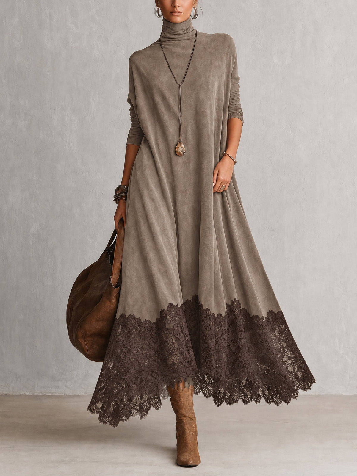 ISABEL | Vestido largo efecto ante con bajo de encaje