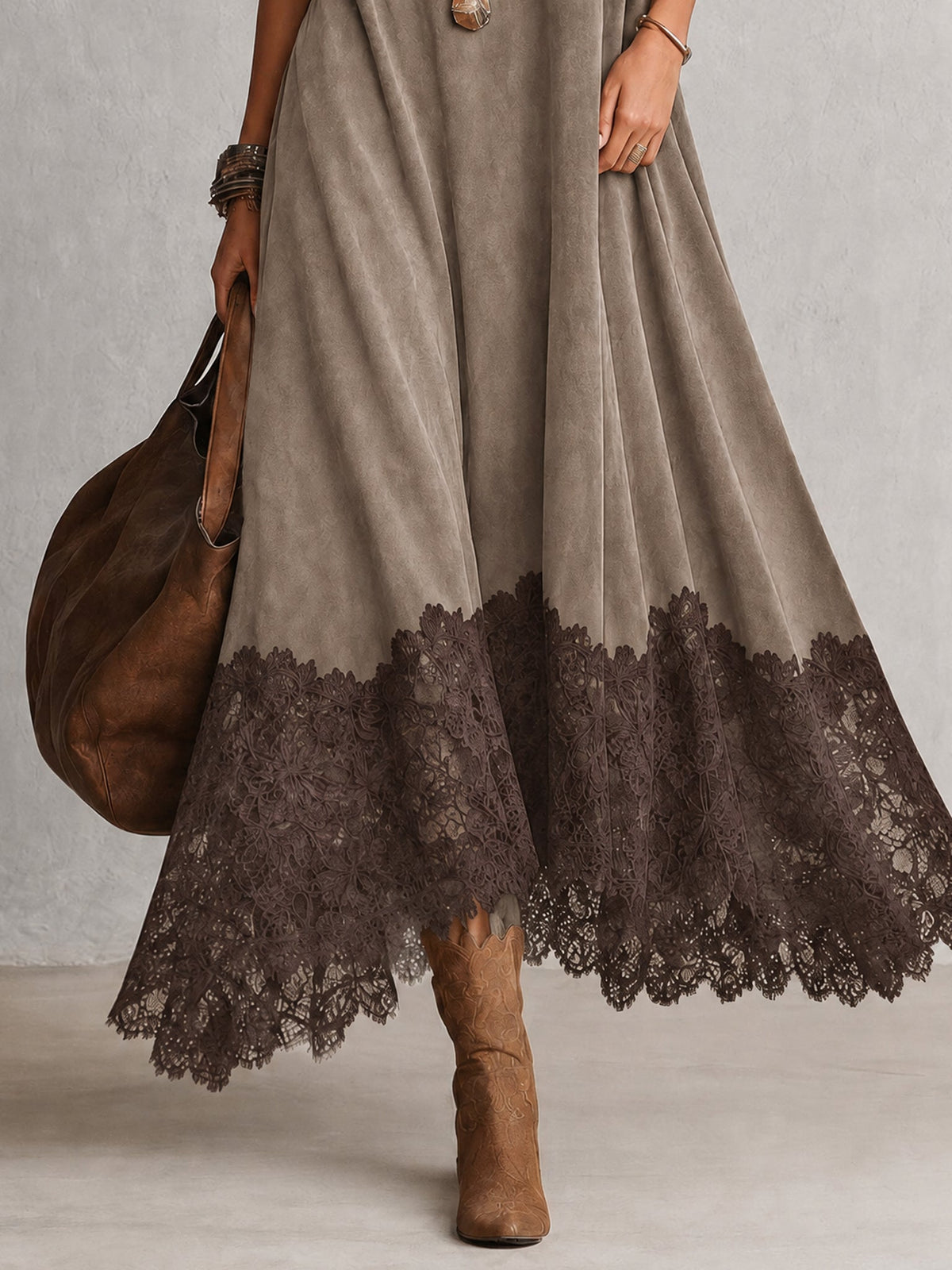 ISABEL | Vestido largo efecto ante con bajo de encaje