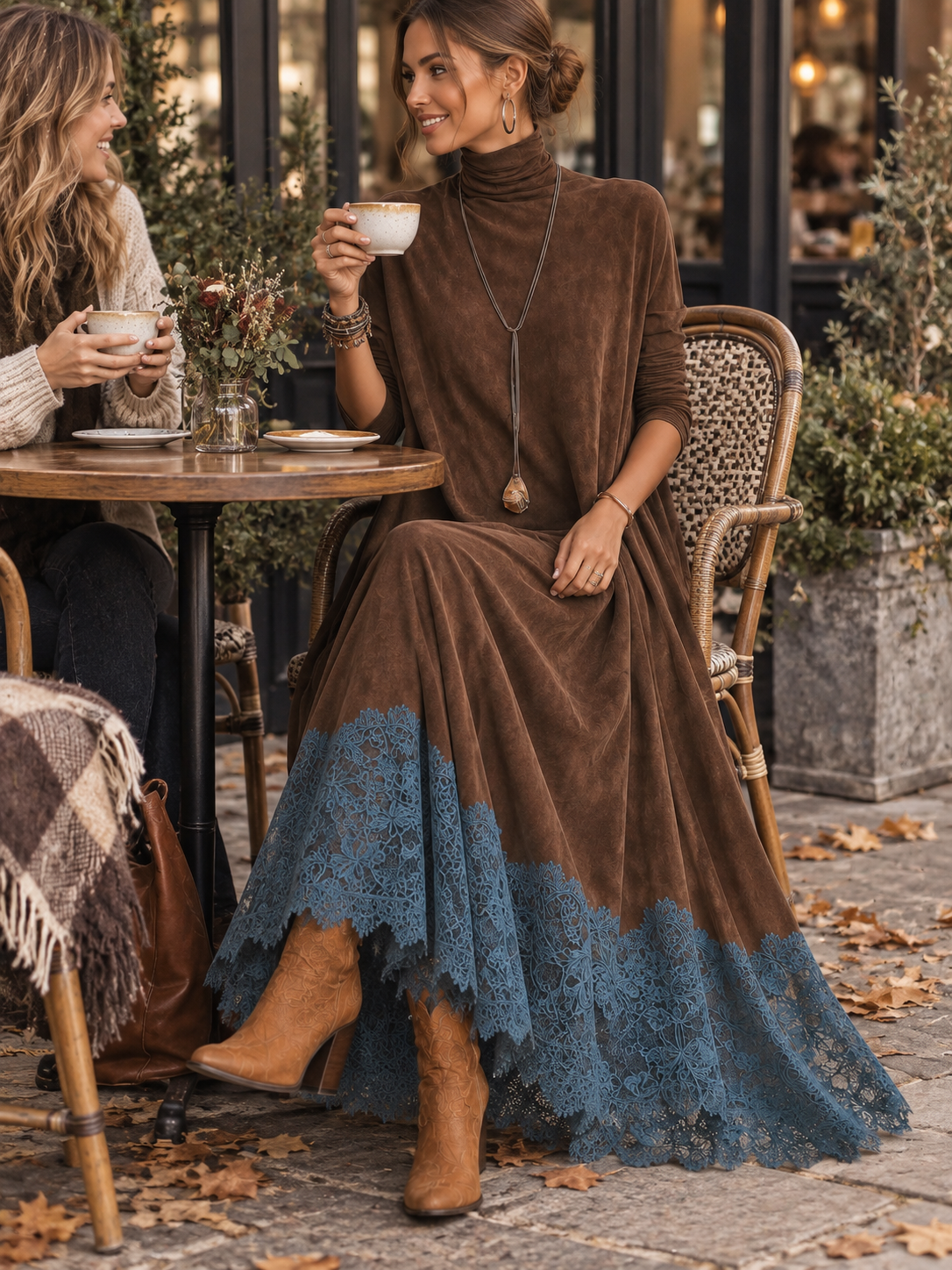 ISABEL | Vestido largo efecto ante con bajo de encaje