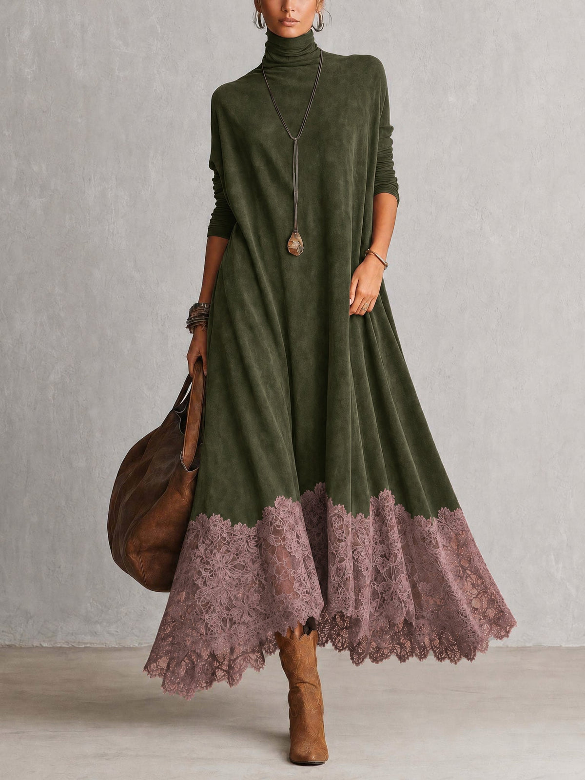 ISABEL | Vestido largo efecto ante con bajo de encaje