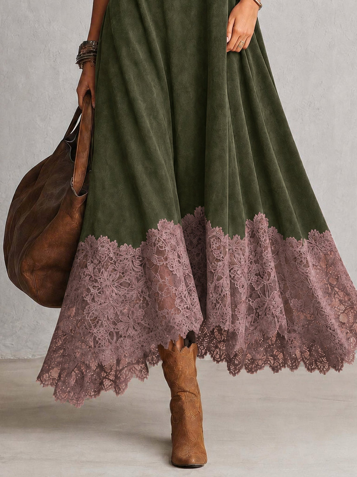 ISABEL | Vestido largo efecto ante con bajo de encaje