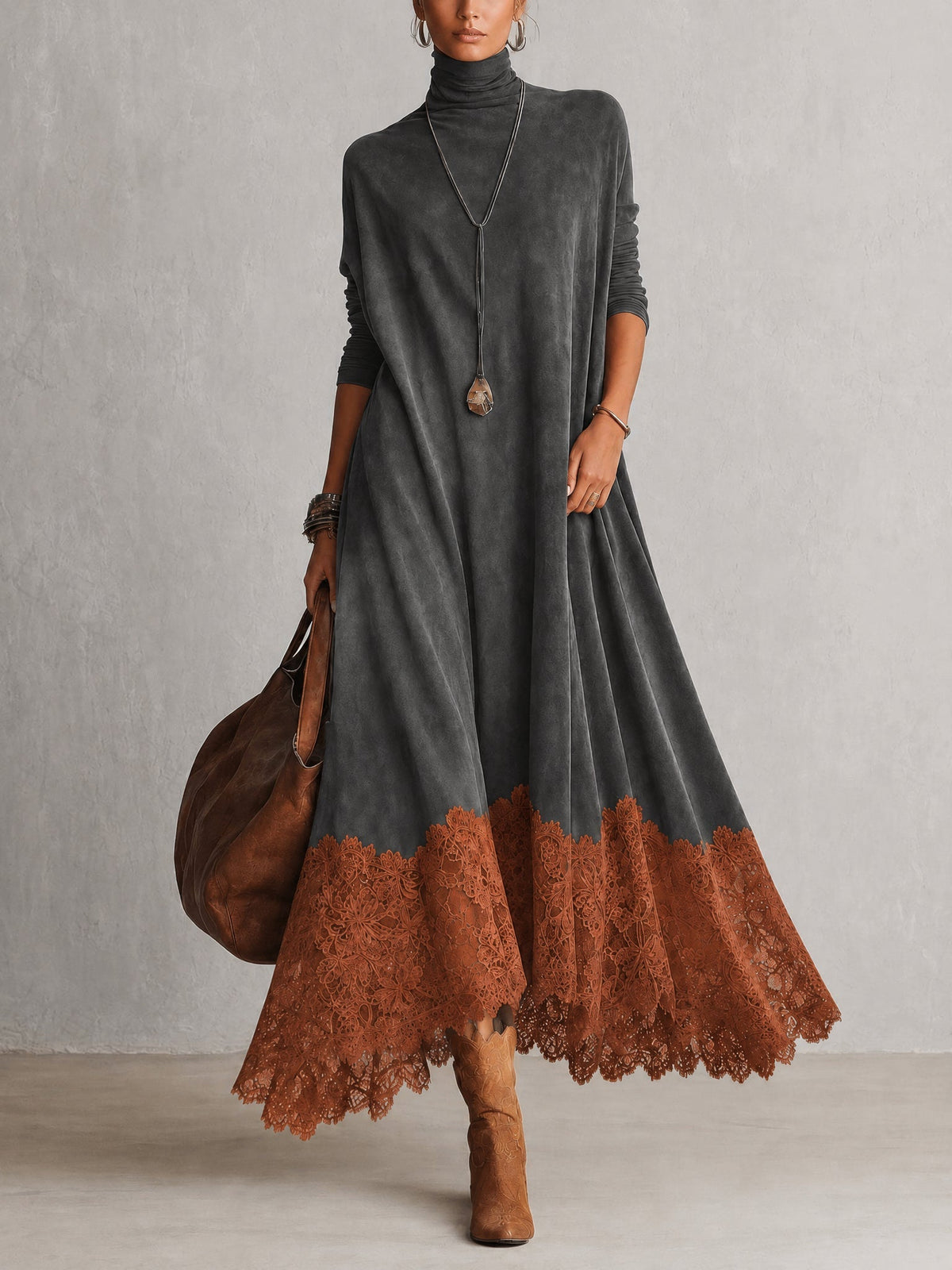 ISABEL | Vestido largo efecto ante con bajo de encaje