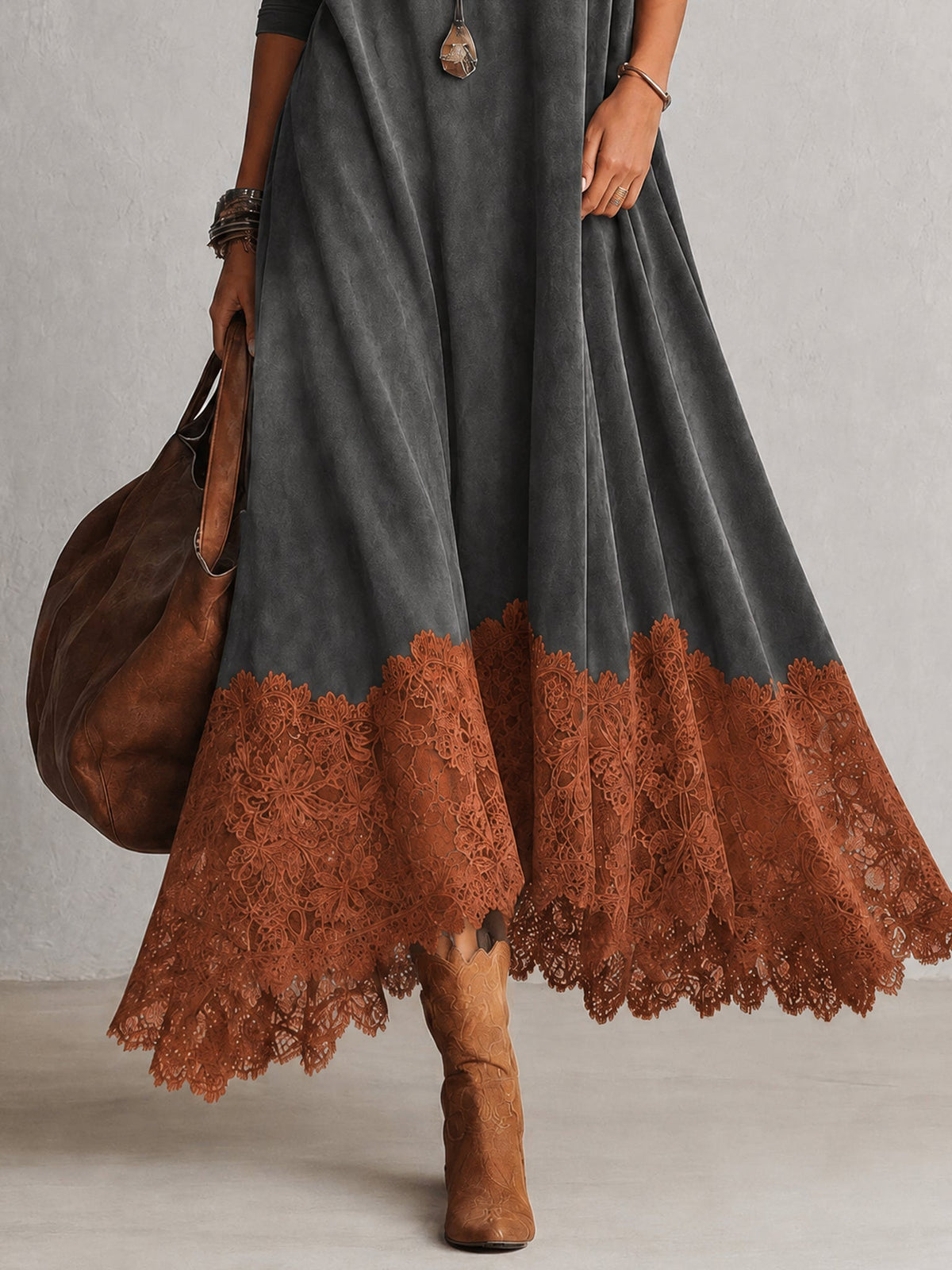ISABEL | Vestido largo efecto ante con bajo de encaje