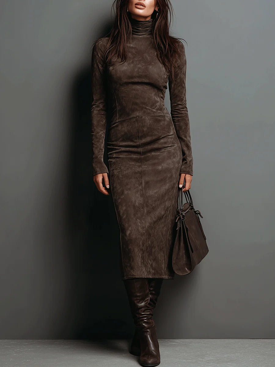 Lorène | Vestido midi marrón de efecto ante