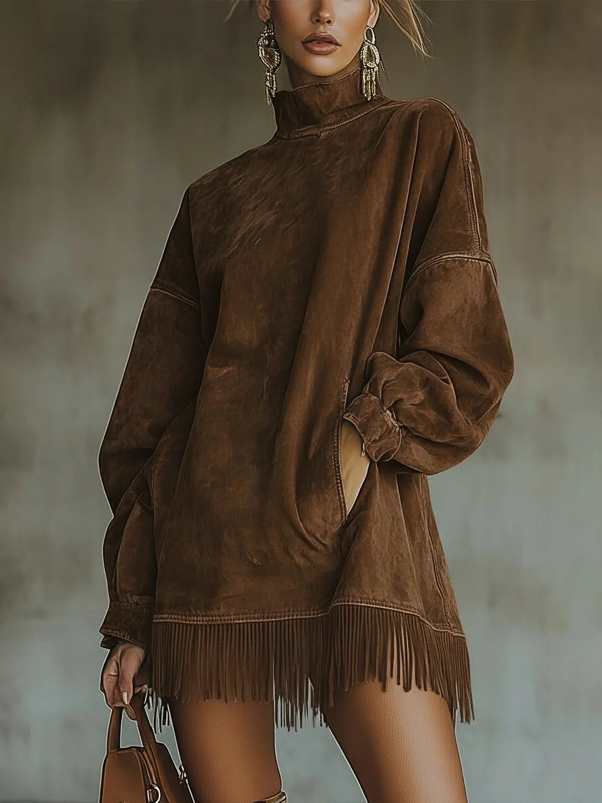 Gabrielle | Vestido de efecto ante con cuello alto y flecos
