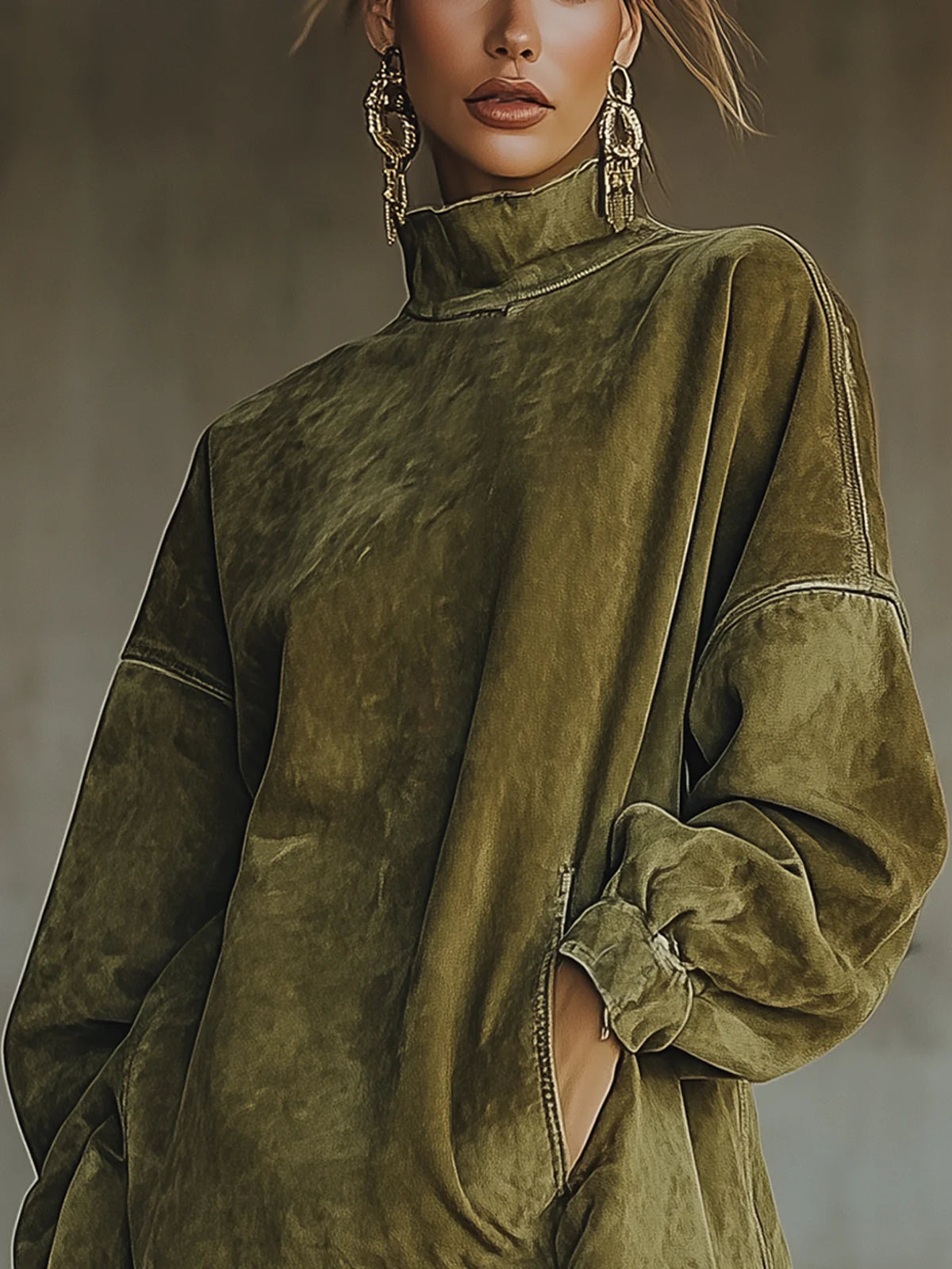 Gabrielle | Vestido de efecto ante con cuello alto y flecos