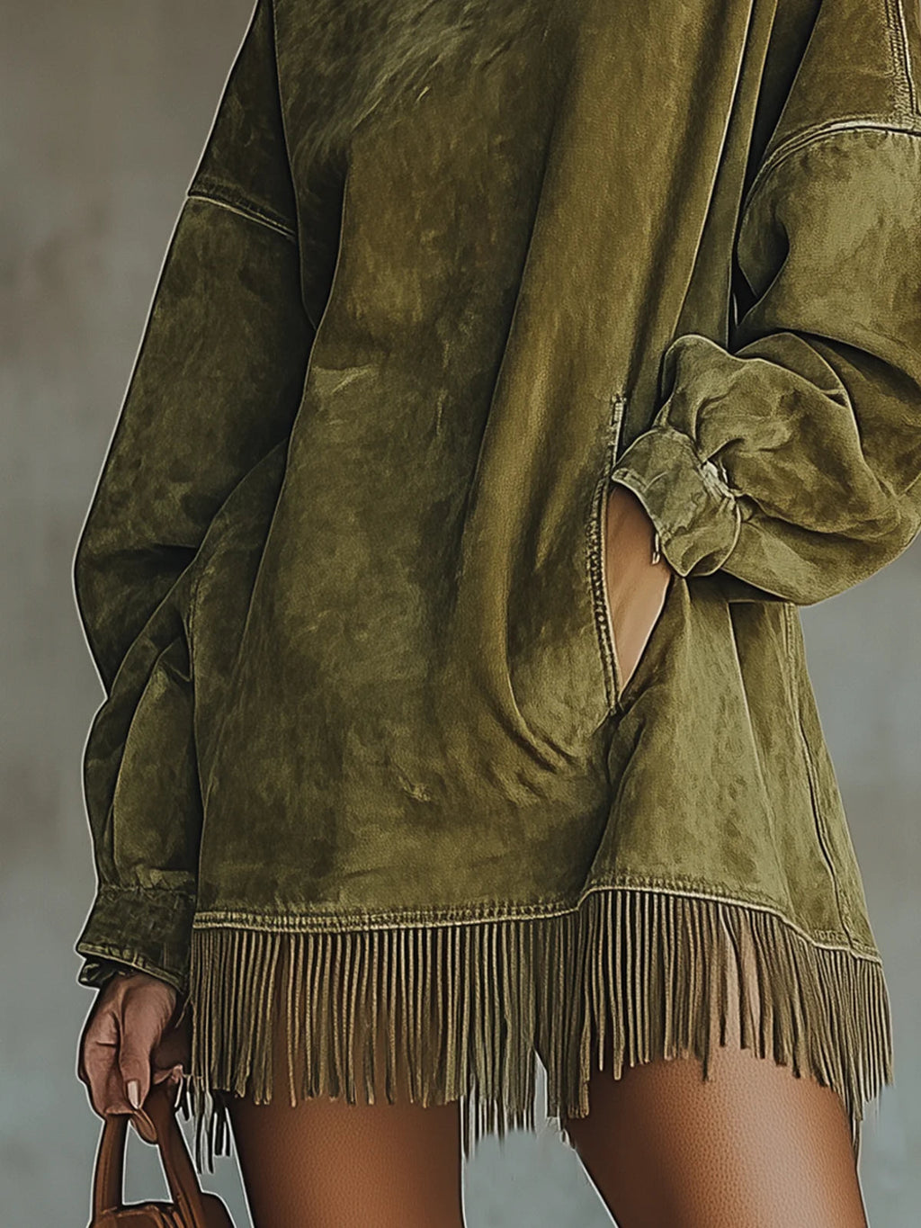 Gabrielle | Vestido de efecto ante con cuello alto y flecos