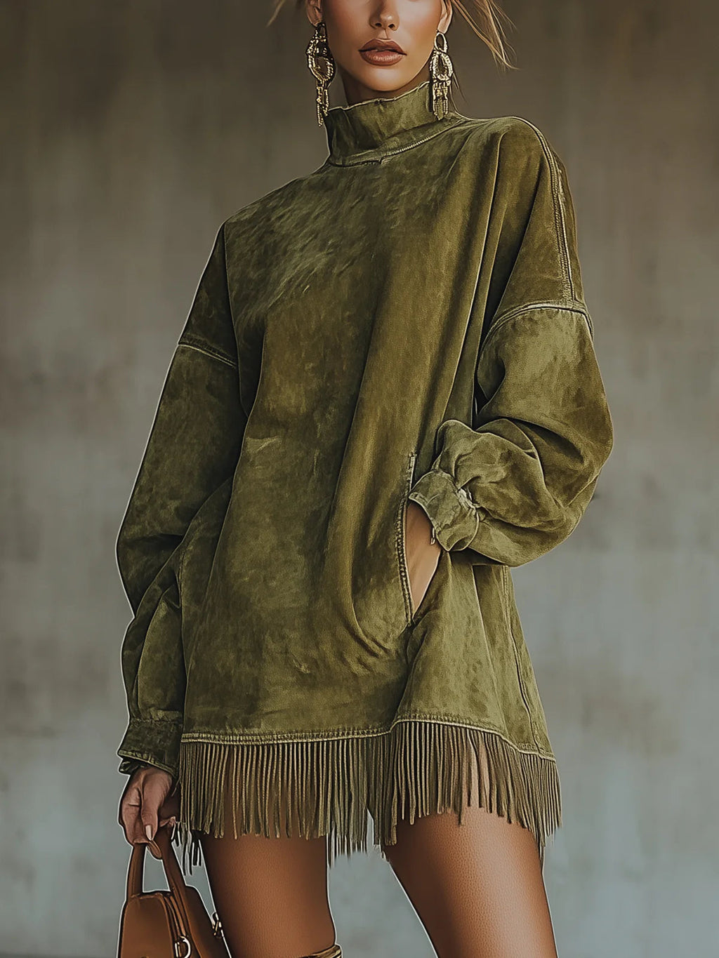 Gabrielle | Vestido de efecto ante con cuello alto y flecos