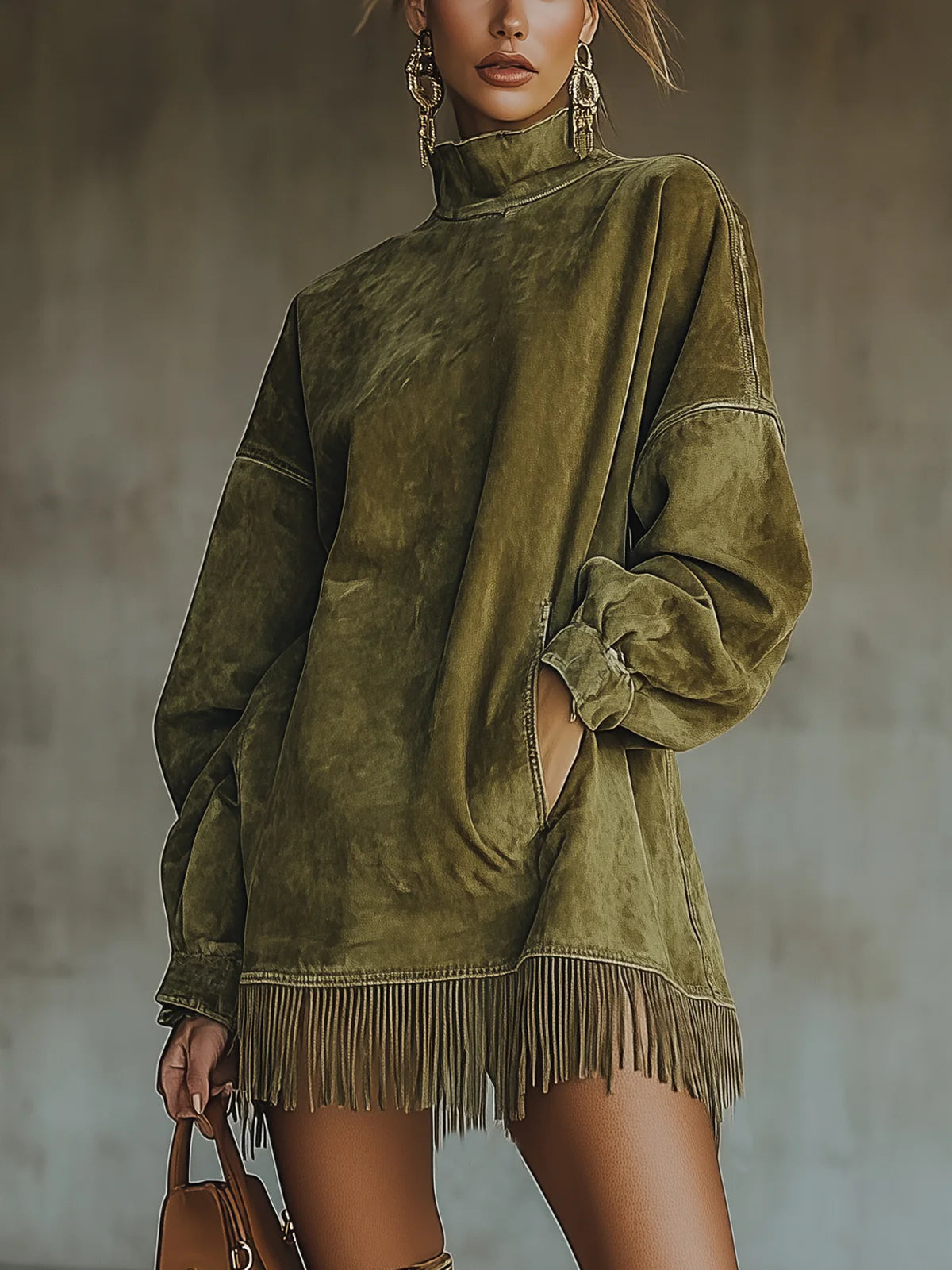 Gabrielle | Vestido de efecto ante con cuello alto y flecos