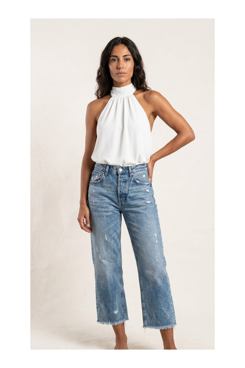 Vaqueros rectos cortos retro para mujer