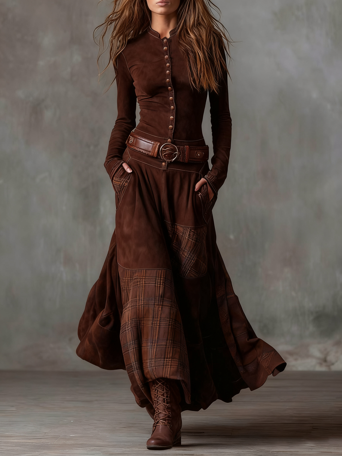 Élise | Vestido largo de efecto ante con cinturón