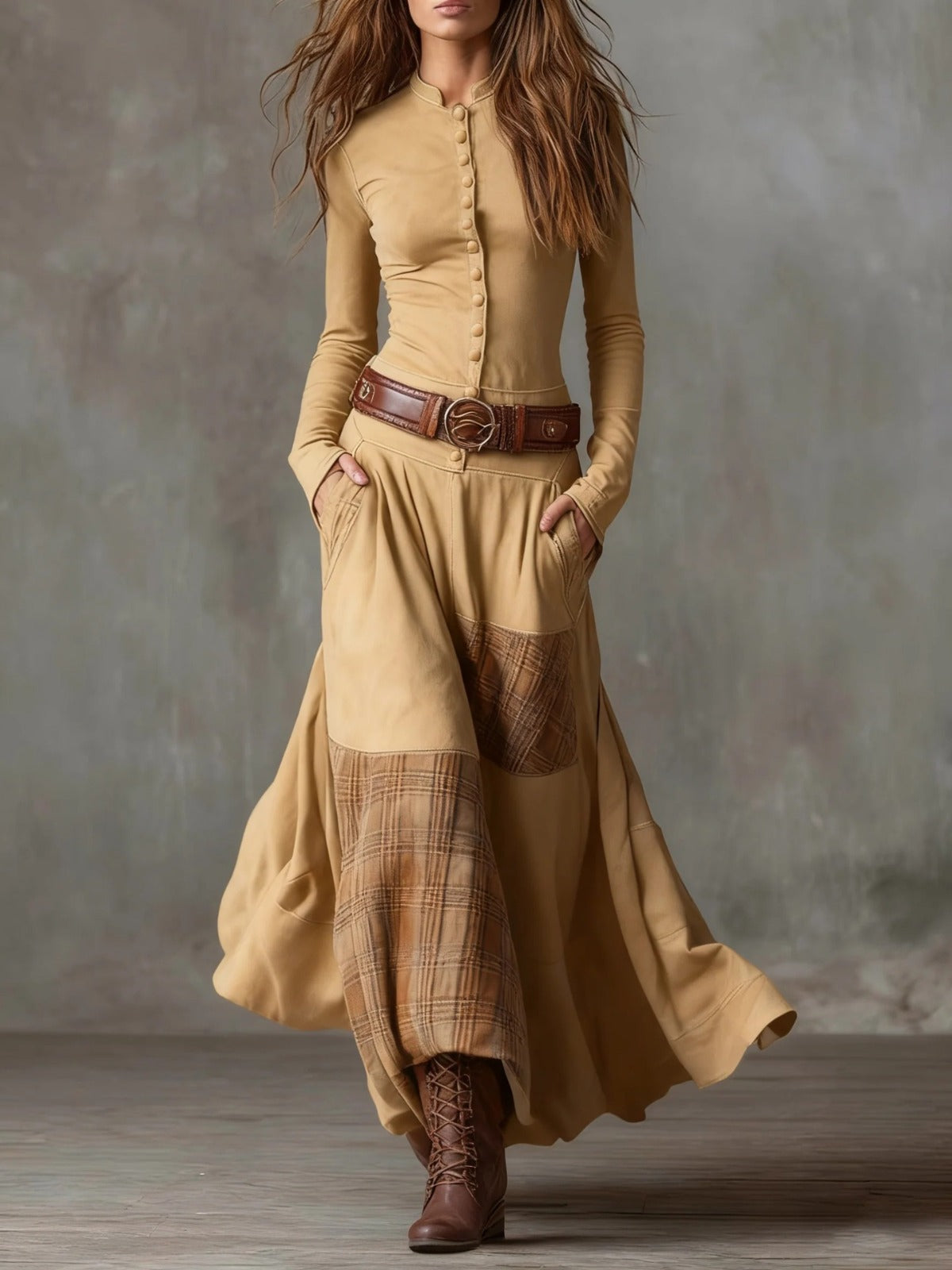 Élise | Vestido largo de efecto ante con cinturón