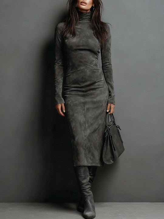 Lorène | Vestido midi marrón de efecto ante